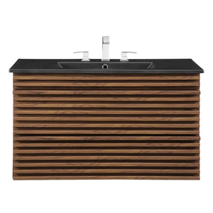 Modway Furniture Render 36" Wall-Mount Bathroom Vanity – Mid-Century Modern Design with Ample Storage and Style Walnut Black EEI-5395-WAL-BLK
