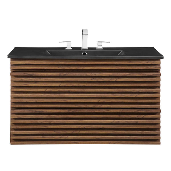 Modway Furniture Render 36" Wall-Mount Bathroom Vanity – Mid-Century Modern Design with Ample Storage and Style Walnut Black EEI-5395-WAL-BLK