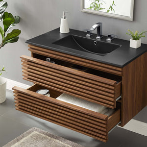 Modway Furniture Render 36" Wall-Mount Bathroom Vanity – Mid-Century Modern Design with Ample Storage and Style Walnut Black EEI-5395-WAL-BLK
