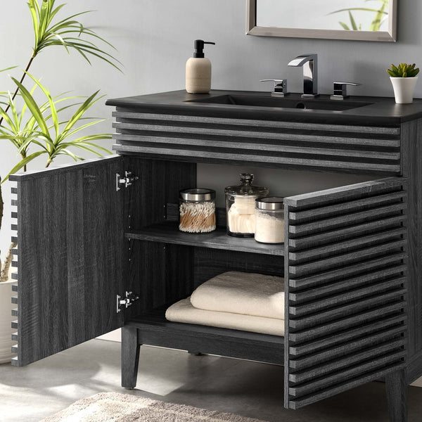 Modway Furniture Render 36" Mid-Century Modern Bathroom Vanity with Integrated Sink and Ample Storage Solutions Charcoal Black EEI-5396-CHA-BLK