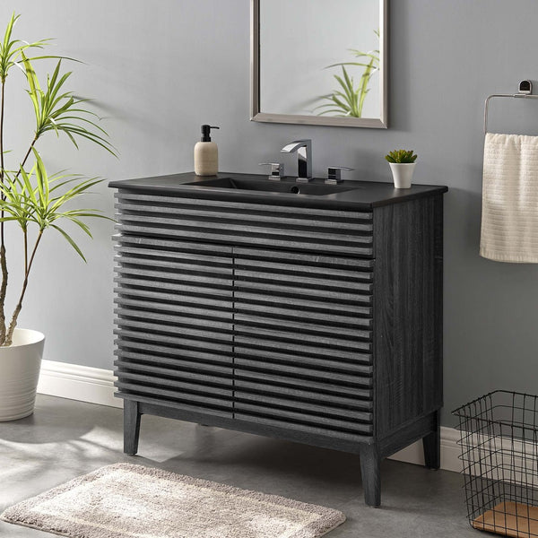 Modway Furniture Render 36" Mid-Century Modern Bathroom Vanity with Integrated Sink and Ample Storage Solutions Charcoal Black EEI-5396-CHA-BLK