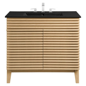 Modway Furniture Render 36" Mid-Century Modern Bathroom Vanity with Integrated Sink and Ample Storage Solutions Oak Black EEI-5396-OAK-BLK