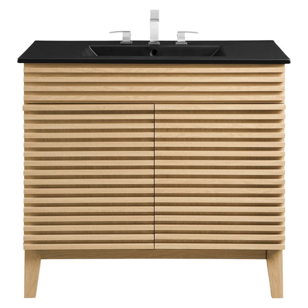 Modway Furniture Render 36" Mid-Century Modern Bathroom Vanity with Integrated Sink and Ample Storage Solutions Oak Black EEI-5396-OAK-BLK