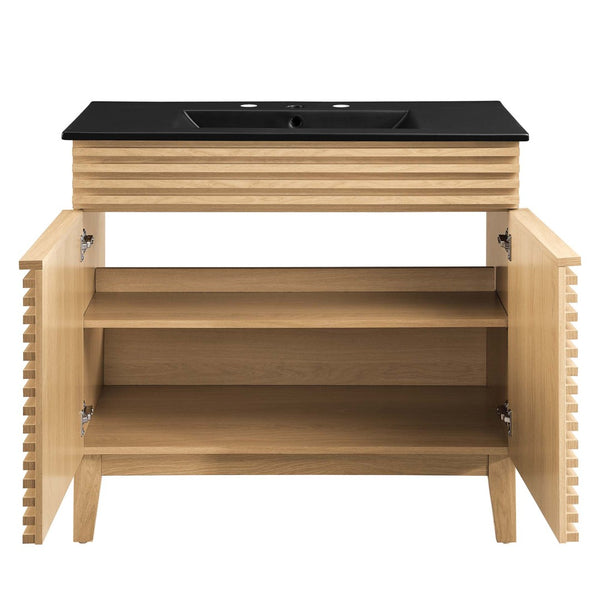 Modway Furniture Render 36" Mid-Century Modern Bathroom Vanity with Integrated Sink and Ample Storage Solutions Oak Black EEI-5396-OAK-BLK