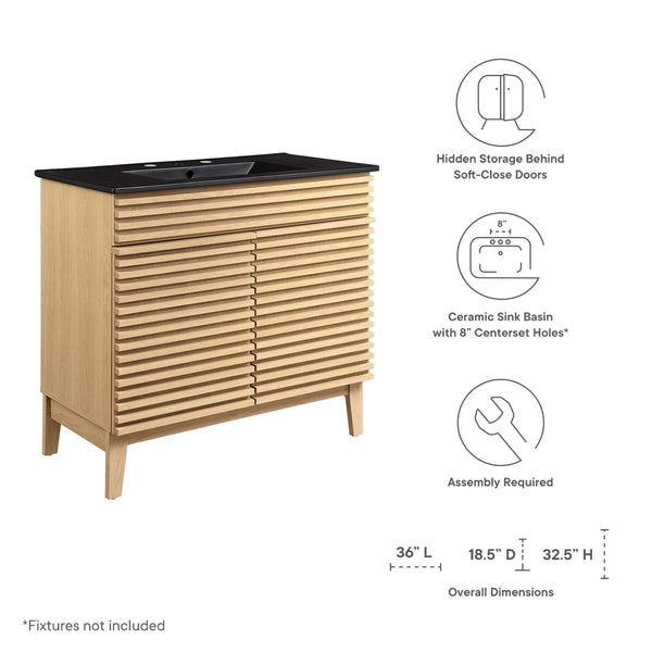 Modway Furniture Render 36" Mid-Century Modern Bathroom Vanity with Integrated Sink and Ample Storage Solutions Oak Black EEI-5396-OAK-BLK