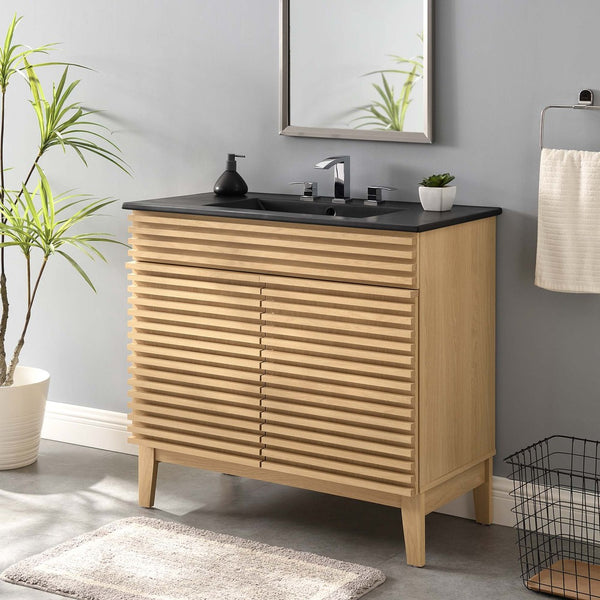 Modway Furniture Render 36" Mid-Century Modern Bathroom Vanity with Integrated Sink and Ample Storage Solutions Oak Black EEI-5396-OAK-BLK