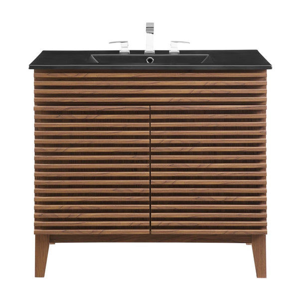 Modway Furniture Render 36" Mid-Century Modern Bathroom Vanity with Integrated Sink and Ample Storage Solutions Walnut Black EEI-5396-WAL-BLK