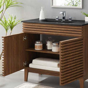 Modway Furniture Render 36" Mid-Century Modern Bathroom Vanity with Integrated Sink and Ample Storage Solutions Walnut Black EEI-5396-WAL-BLK