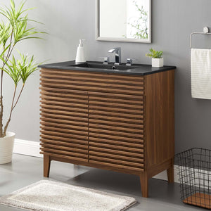Modway Furniture Render 36" Mid-Century Modern Bathroom Vanity with Integrated Sink and Ample Storage Solutions Walnut Black EEI-5396-WAL-BLK
