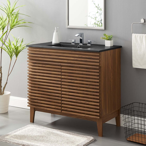 Modway Furniture Render 36" Mid-Century Modern Bathroom Vanity with Integrated Sink and Ample Storage Solutions Walnut Black EEI-5396-WAL-BLK