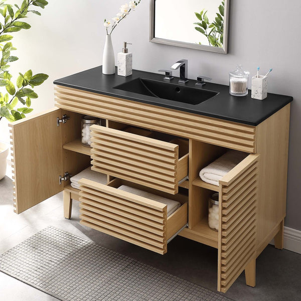 Modway Furniture Render 48" Single Sink Bathroom Vanity by Modway - Mid-Century Modern Design with Ample Storage Oak Black EEI-5398-OAK-BLK