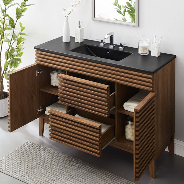 Modway Furniture Render 48" Single Sink Bathroom Vanity by Modway - Mid-Century Modern Design with Ample Storage Walnut Black EEI-5398-WAL-BLK