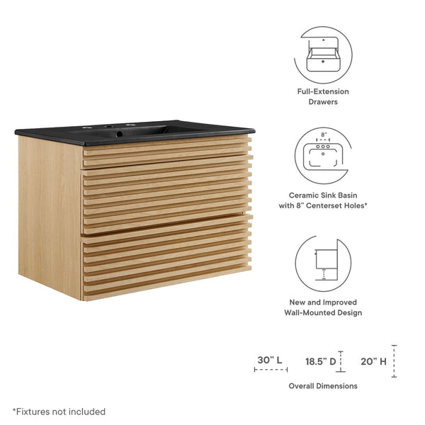 Modway Furniture Render 30" Wall-Mount Bathroom Vanity – Chic Mid-Century Modern Design with Ample Storage Space Oak Black EEI-5417-OAK-BLK