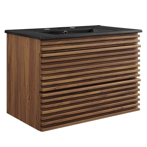 Modway Furniture Render 30" Wall-Mount Bathroom Vanity – Chic Mid-Century Modern Design with Ample Storage Space Walnut Black EEI-5417-WAL-BLK