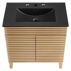 Modway Furniture Render 30" Bathroom Vanity - Mid-Century Modern with Curved Ceramic Basin and Soft-Close Doors Oak Black EEI-5418-OAK-BLK