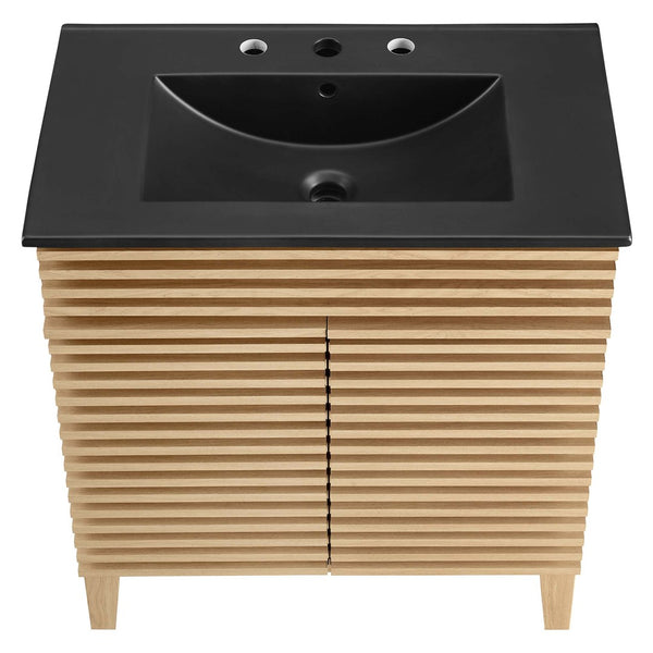 Modway Furniture Render 30" Bathroom Vanity - Mid-Century Modern with Curved Ceramic Basin and Soft-Close Doors Oak Black EEI-5418-OAK-BLK