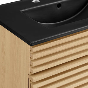 Modway Furniture Render 30" Bathroom Vanity - Mid-Century Modern with Curved Ceramic Basin and Soft-Close Doors Oak Black EEI-5418-OAK-BLK
