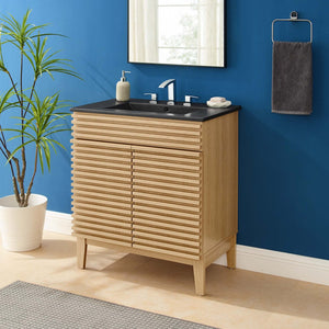 Modway Furniture Render 30" Bathroom Vanity - Mid-Century Modern with Curved Ceramic Basin and Soft-Close Doors Oak Black EEI-5418-OAK-BLK