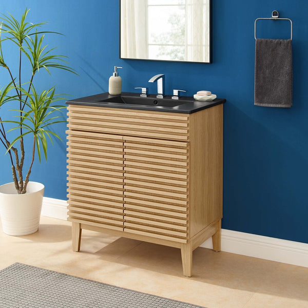 Modway Furniture Render 30" Bathroom Vanity - Mid-Century Modern with Curved Ceramic Basin and Soft-Close Doors Oak Black EEI-5418-OAK-BLK