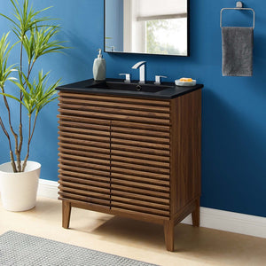 Modway Furniture Render 30" Bathroom Vanity - Mid-Century Modern with Curved Ceramic Basin and Soft-Close Doors Walnut Black EEI-5418-WAL-BLK