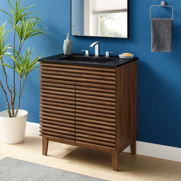 Modway Furniture Render 30" Bathroom Vanity - Mid-Century Modern with Curved Ceramic Basin and Soft-Close Doors Walnut Black EEI-5418-WAL-BLK