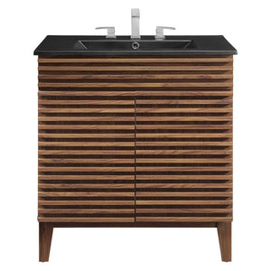 Modway Furniture Render 30" Bathroom Vanity - Mid-Century Modern with Curved Ceramic Basin and Soft-Close Doors Walnut Black EEI-5418-WAL-BLK