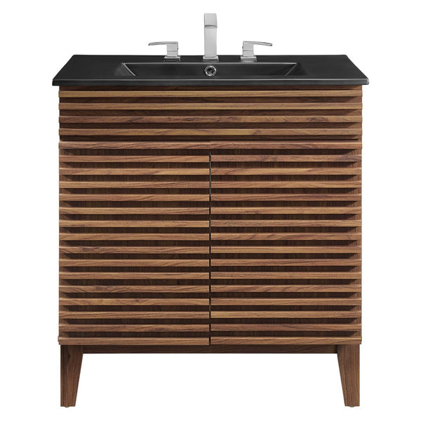 Modway Furniture Render 30" Bathroom Vanity - Mid-Century Modern with Curved Ceramic Basin and Soft-Close Doors Walnut Black EEI-5418-WAL-BLK