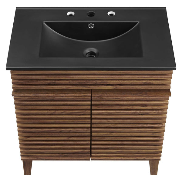 Modway Furniture Render 30" Bathroom Vanity - Mid-Century Modern with Curved Ceramic Basin and Soft-Close Doors Walnut Black EEI-5418-WAL-BLK