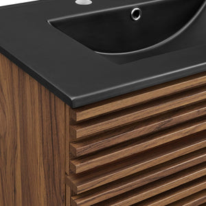 Modway Furniture Render 30" Bathroom Vanity - Mid-Century Modern with Curved Ceramic Basin and Soft-Close Doors Walnut Black EEI-5418-WAL-BLK