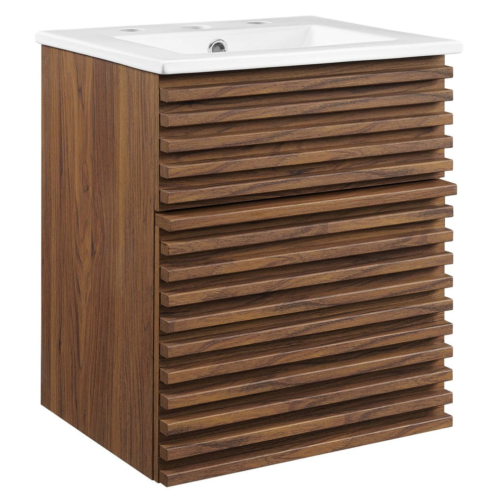 Modway Furniture Render 18" Wall-Mount Bathroom Vanity - Stylish Walnut Finish with Integrated Ceramic Sink & Storage EEI-5419-WAL-WHI