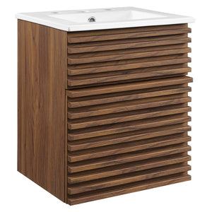 Modway Furniture Render 18" Wall-Mount Bathroom Vanity - Stylish Walnut Finish with Integrated Ceramic Sink & Storage EEI-5419-WAL-WHI