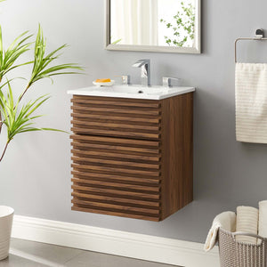 Modway Furniture Render 18" Wall-Mount Bathroom Vanity - Stylish Walnut Finish with Integrated Ceramic Sink & Storage EEI-5419-WAL-WHI