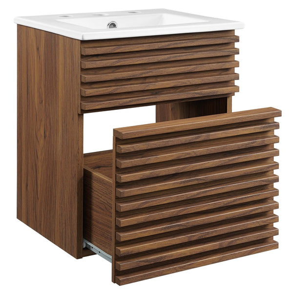 Modway Furniture Render 18" Wall-Mount Bathroom Vanity - Stylish Walnut Finish with Integrated Ceramic Sink & Storage EEI-5419-WAL-WHI