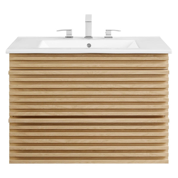 Modway Furniture Render 30" Wall-Mount Bathroom Vanity - Mid-Century Modern Design with Ample Storage Solutions Oak White EEI-5421-OAK-WHI