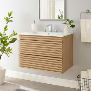 Modway Furniture Render 30" Wall-Mount Bathroom Vanity - Mid-Century Modern Design with Ample Storage Solutions Oak White EEI-5421-OAK-WHI
