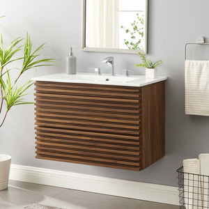 Modway Furniture Render 30" Wall-Mount Bathroom Vanity - Mid-Century Modern Design with Ample Storage Solutions Walnut White EEI-5421-WAL-WHI