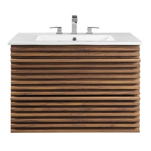 Modway Furniture Render 30" Wall-Mount Bathroom Vanity - Mid-Century Modern Design with Ample Storage Solutions Walnut White EEI-5421-WAL-WHI