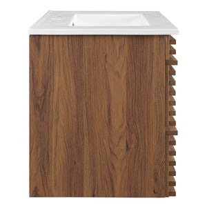 Modway Furniture Render 30" Wall-Mount Bathroom Vanity - Mid-Century Modern Design with Ample Storage Solutions Walnut White EEI-5421-WAL-WHI