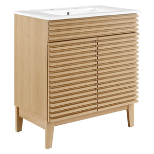 Modway Furniture Render 30" Bathroom Vanity Cabinet - Mid-Century Modern Design with Curved Basin & Soft-Close Doors Oak White EEI-5422-OAK-WHI