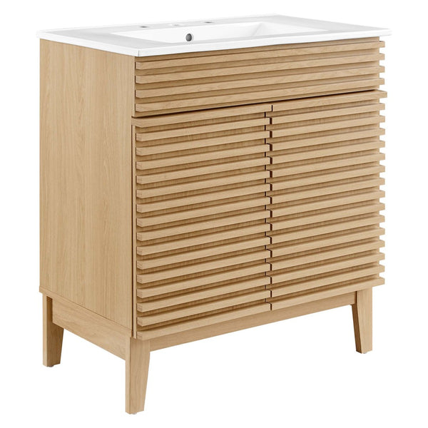 Modway Furniture Render 30" Bathroom Vanity Cabinet - Mid-Century Modern Design with Curved Basin & Soft-Close Doors Oak White EEI-5422-OAK-WHI