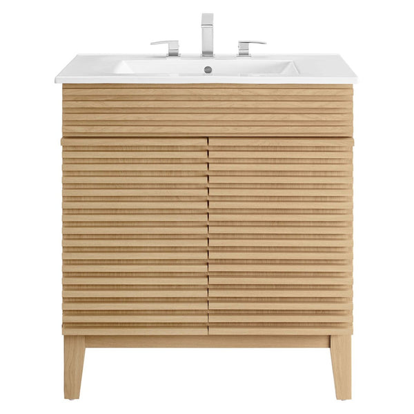 Modway Furniture Render 30" Bathroom Vanity Cabinet - Mid-Century Modern Design with Curved Basin & Soft-Close Doors Oak White EEI-5422-OAK-WHI