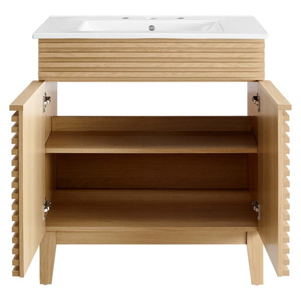 Modway Furniture Render 30" Bathroom Vanity Cabinet - Mid-Century Modern Design with Curved Basin & Soft-Close Doors Oak White EEI-5422-OAK-WHI