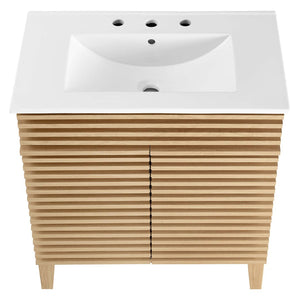 Modway Furniture Render 30" Bathroom Vanity Cabinet - Mid-Century Modern Design with Curved Basin & Soft-Close Doors Oak White EEI-5422-OAK-WHI