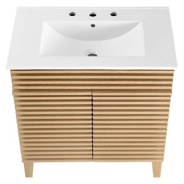 Modway Furniture Render 30" Bathroom Vanity Cabinet - Mid-Century Modern Design with Curved Basin & Soft-Close Doors Oak White EEI-5422-OAK-WHI