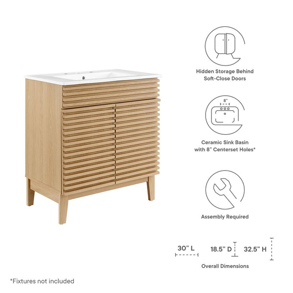 Modway Furniture Render 30" Bathroom Vanity Cabinet - Mid-Century Modern Design with Curved Basin & Soft-Close Doors Oak White EEI-5422-OAK-WHI