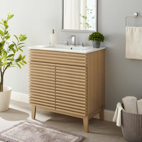 Modway Furniture Render 30" Bathroom Vanity Cabinet - Mid-Century Modern Design with Curved Basin & Soft-Close Doors Oak White EEI-5422-OAK-WHI