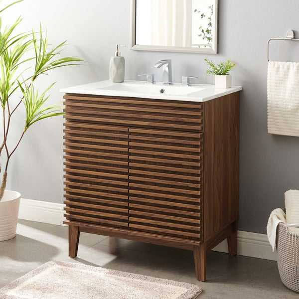 Modway Furniture Render 30" Bathroom Vanity Cabinet - Mid-Century Modern Design with Curved Basin & Soft-Close Doors Walnut White EEI-5422-WAL-WHI