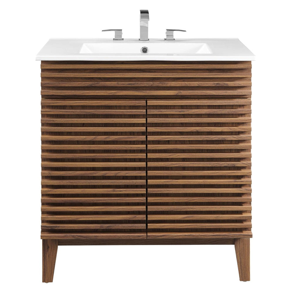 Modway Furniture Render 30" Bathroom Vanity Cabinet - Mid-Century Modern Design with Curved Basin & Soft-Close Doors Walnut White EEI-5422-WAL-WHI