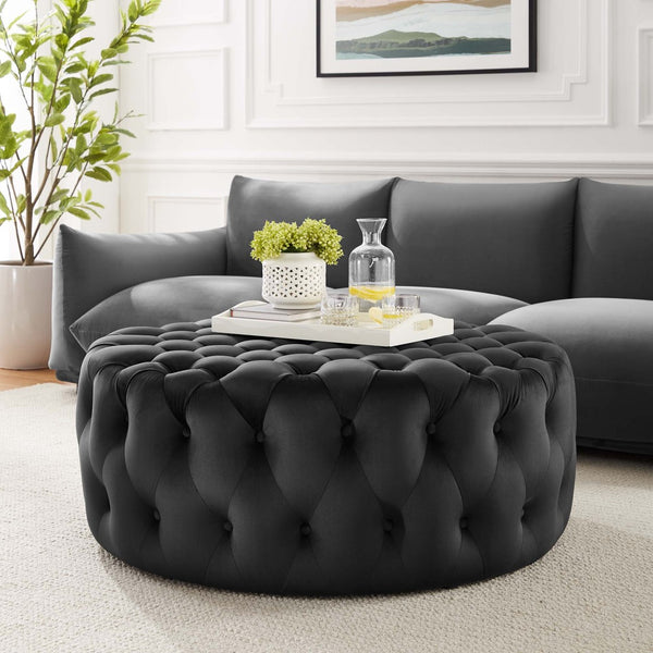 Modway Furniture Amour Tufted Button Large Round Velvet Ottoman – Plush Seating, Stylish Accent for Any Room Black EEI-5469-BLK