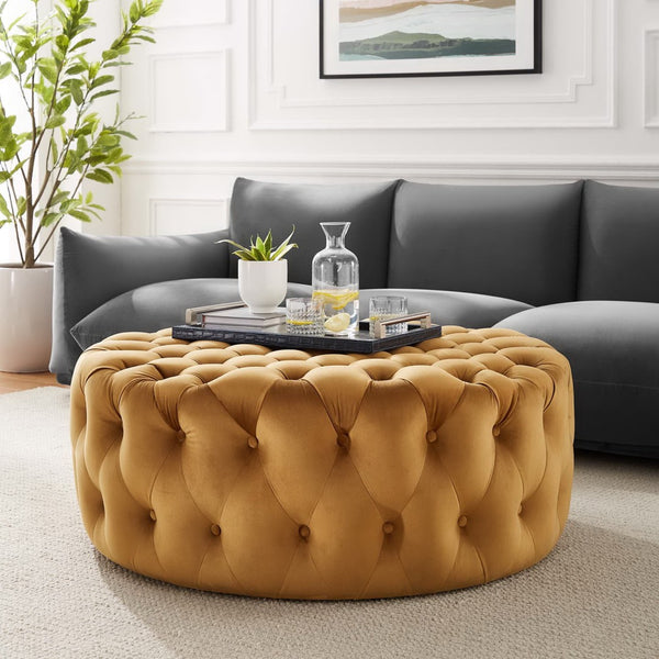 Modway Furniture Amour Tufted Button Large Round Velvet Ottoman – Plush Seating, Stylish Accent for Any Room Cognac EEI-5469-COG